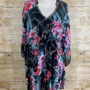 Jennifer Lopez Caftan Dress XS Black Floral Tropical Kaftan Kimono Embellished